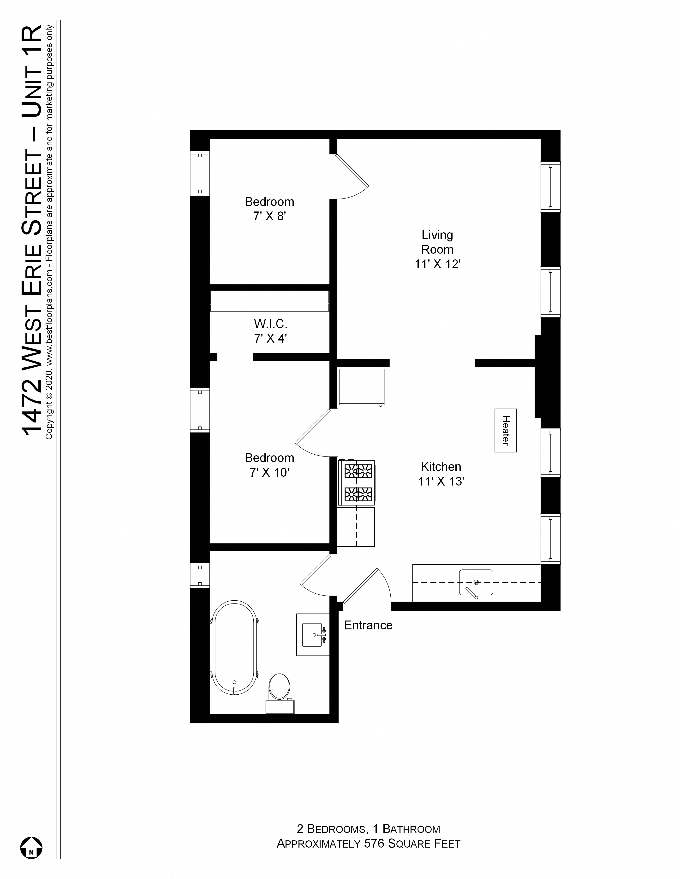 Floor plan for 2 beds, 1 bath, 650 sqft